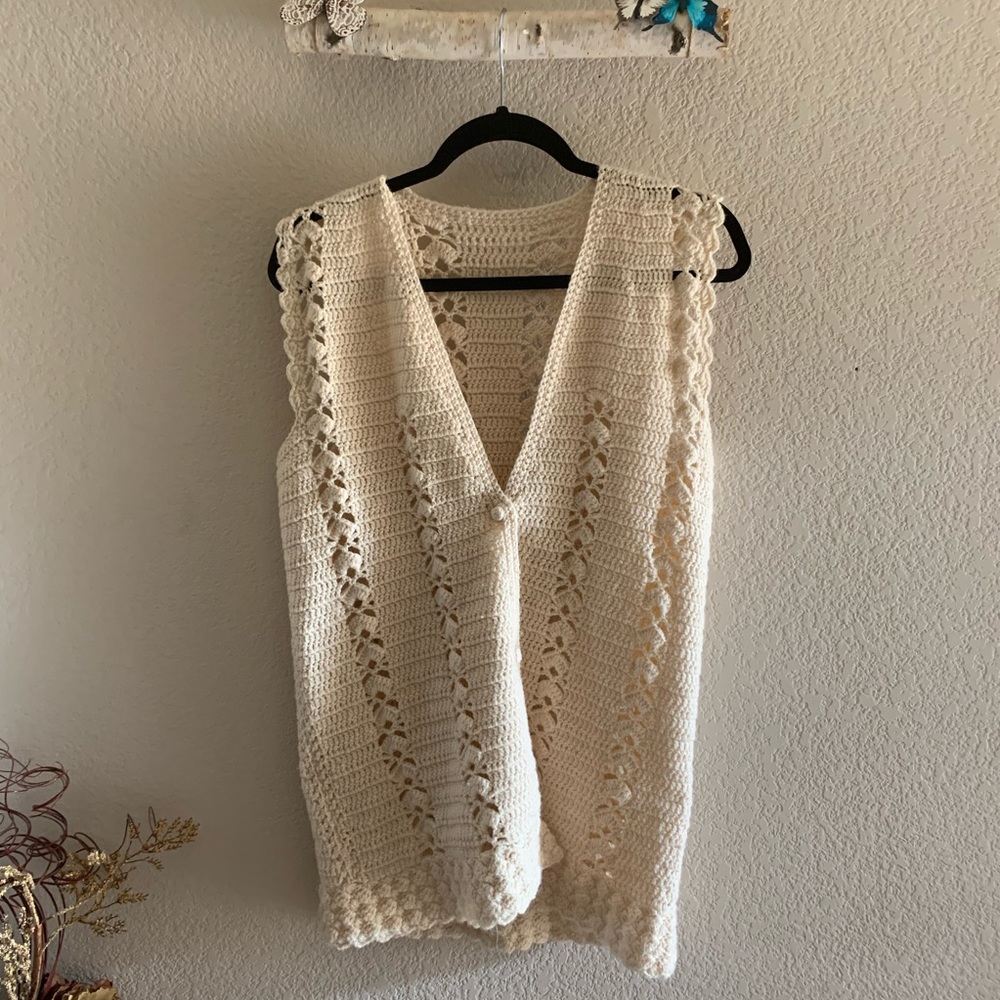 Handmade Vintage Cream Knit Crocheted Vest